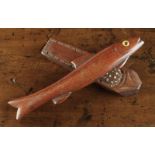 Two Knitting Sheaths: A 19th Century Mahogany Fish Shaped Knitting Sheath with glass inset eyes,