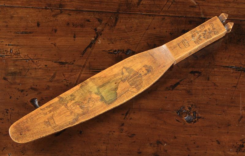 A Delightful 19th Century Folk Art Treen Knitting Sheath with penwork decoration.