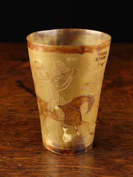 A Charming Early 19th Century Horn Beaker engraved with horse,