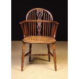 A 19th Century Low Splat-back Windsor Armchair with yew-wood back hoop and arm bow.