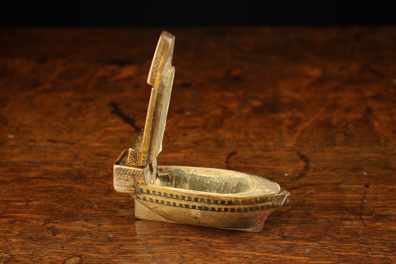 A Fine Early 19th century Carved & Painted Treen 'Ship of the Line' Snuff Box with hinged lid, - Image 5 of 5