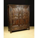 A 19th Carved Oak Press Cupboard with egg & dart carved cornice moulding above two tall panelled