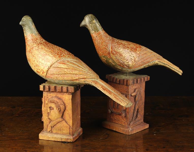 A Pair of Delightful 19th/Early 20th Century Folk Art Wooden Pigeons.