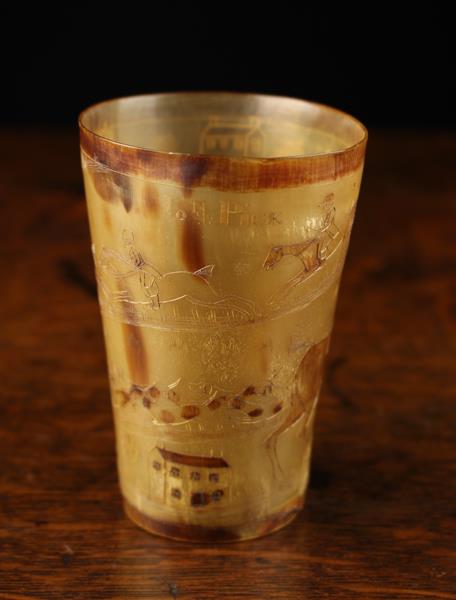 A Charming Early 19th Century Horn Beaker engraved with horse, - Image 3 of 5