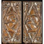 A Pair of Fine 16th Century Carved Oak Panels depicting profiled portrait heads in lozenge reserves