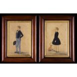 A Pair of 19th Century Naive Watercolour Paintings: Full length profile portraits of two brother: