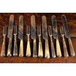 A Set of Six 19th Century Horn-handled Knives & Forks: The steel blades stamped WARRANTED JOHN