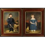 A Pair of Charming 19th Century Oils on Canvas: Full length Portraits of a young girl stood in