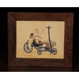 A Delightful Victorian Watercolour Portrait of an Infant in a blue dog cart carriage with a plumed