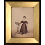 A Delightful 19th Century Portrait Drawing with watercolour tint depicting a young girl in brown