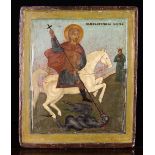 A 17th Century Greek Icon painted with depiction of George & The Dragon in a stepped border,