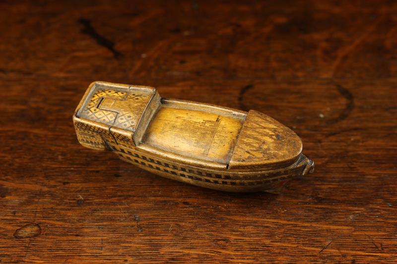 A Fine Early 19th century Carved & Painted Treen 'Ship of the Line' Snuff Box with hinged lid, - Image 2 of 5