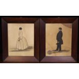 Two 19th Century Watercolour Paintings: Full-length profile portraits of a man and woman in