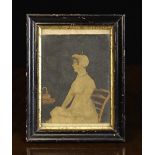 A Miniature Watercolour Portrait of a Woman sat in chair alongside a table,