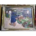 Sylvia Molloy, oil on canvas, flower market in a gilt frame, frame size 55cm x 70cm