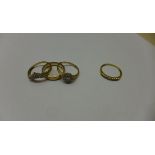 Three 9ct yellow gold rings, sizes M/N/O, approx 7 grams, and an 18ct yellow gold, size P, approx