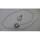 Two silver pocket watches both top wind, only one running with chain, total weight approx 77 grams