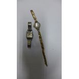 A ladies Omega 9ct gold manual wind wristwatch on broken sprung strap - not running - and an