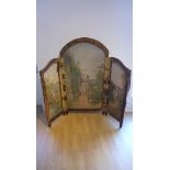 A handpainted country house three section screen with scenes of young ladies in the grounds of a