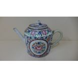 A Georgian famille rose teapot, 15cm tall x 24cm long, restoration to handle and possibly rim, chips