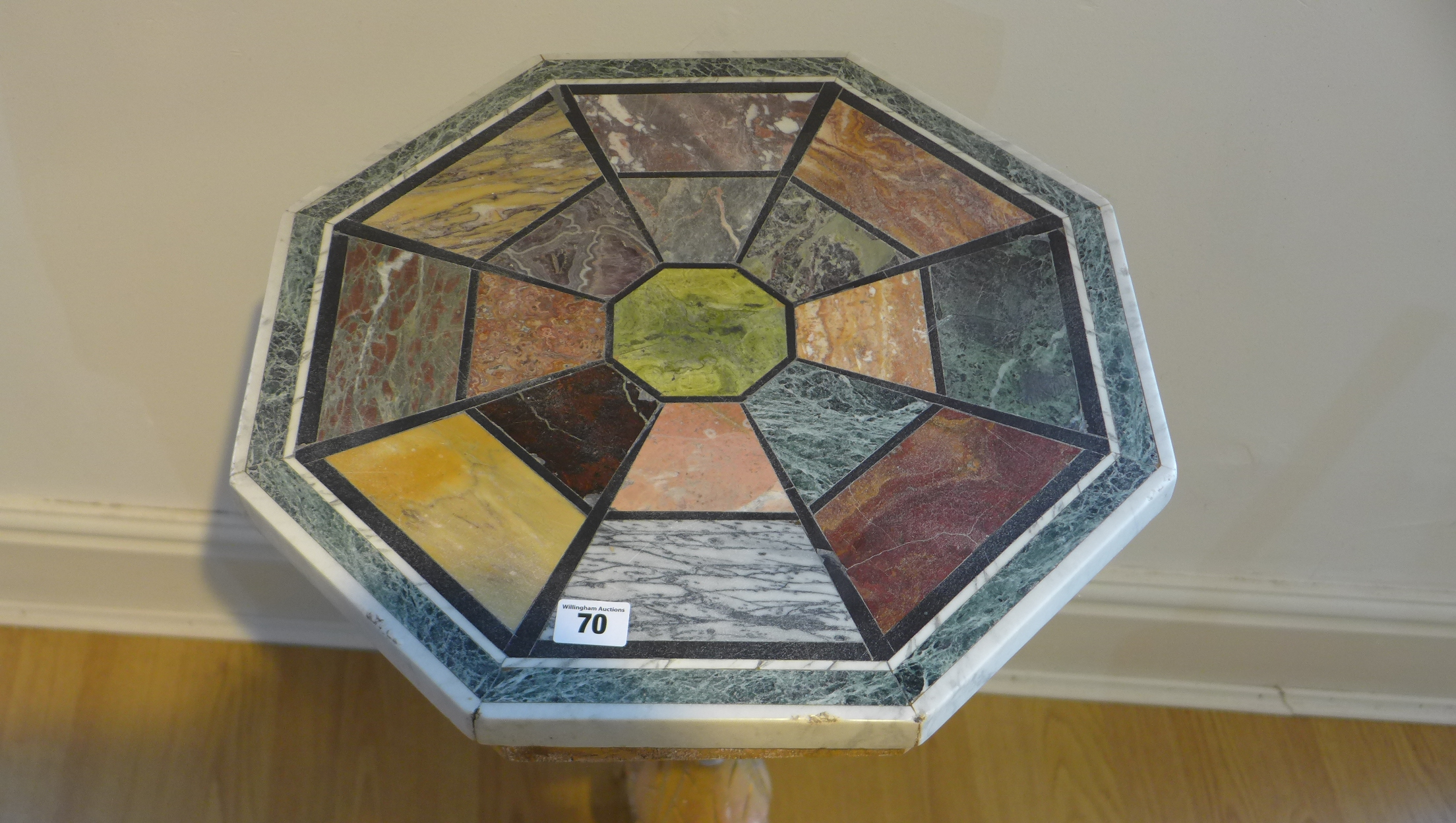 A gilt painted tripod statue jardinere stand with an octagonal specimen marble top, 79cm tall x 44cm - Image 2 of 3