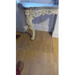 A painted carved marble top pier table, 83cm tall x 94cm x 51cm, marble top good, base has been