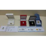 Four 9ct yellow gold GTV pendants, Alexandrite and diamond, Mandarin Citrine, Chalcedony, and
