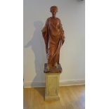 A country house terracota effect classical figure, 105cm tall, on a weighted faux marble base, 67cm