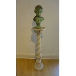 A country house stone effect statue stand with a bronze effect bust of a young girl, stand 98cm tall