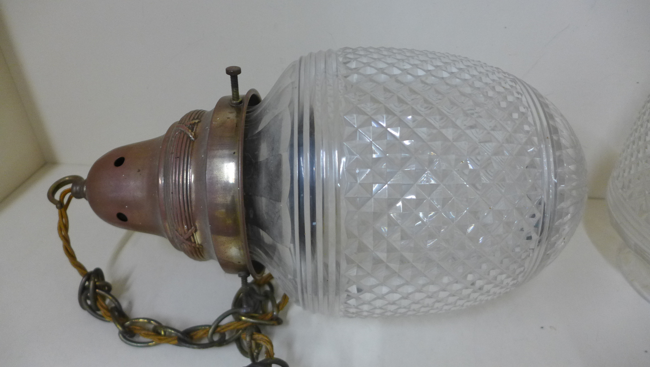 A pair of cut glass hanging ceiling lights with brass holders, 38cm long x 20cm wide, both shades - Image 2 of 2