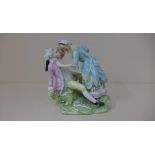 An 18th / 19th century group of a lady accosting her guilty partner, 15cm tall, bocage missing ,some