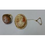 A hallmarked 9ct yellow gold cameo ring, size J, and a hallmarked 9ct yellow gold cameo brooch, 2.