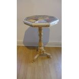A gilt painted tripod statue jardinere stand with an octagonal specimen marble top, 79cm tall x 44cm