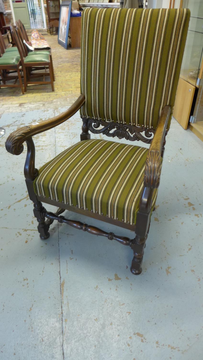 A Victorian acanthus scroll arm open armchair with upholstered back and seat, 111cm tall x 66cm wide