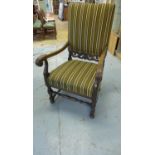 A Victorian acanthus scroll arm open armchair with upholstered back and seat, 111cm tall x 66cm wide