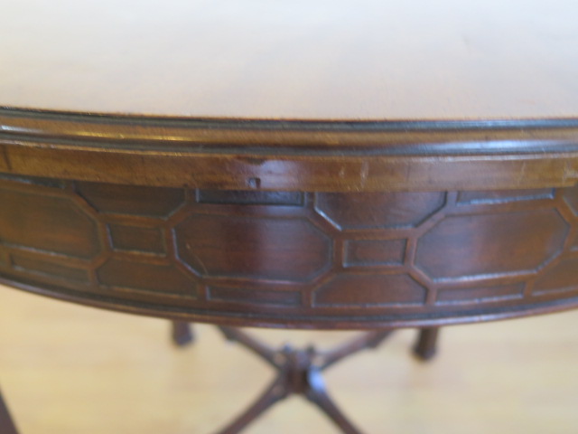 An Edwardian mahogany circular window table with a blind fretwork frieze and fretwork stretchers - - Image 3 of 3