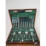 A six setting silver plated set of cutlery in an associated canteen - missing two small forks, a