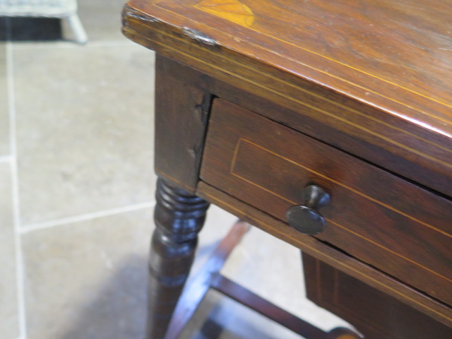 A late Victorian/Edwardian work table with drawer and basket, mahogany with inlay, with some - Image 6 of 6