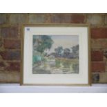 A watercolour river scene by Leonard Walker in a gilt frame - 41cm x 45cm - some spotting, colours