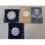 2016 William Shakespear fine silver coin, wrapped, a 1oz fine silver 2019 £2 coin and a 1993