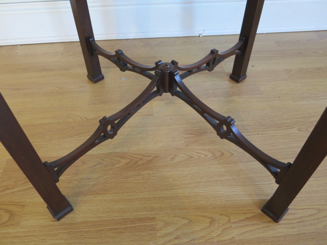 An Edwardian mahogany circular window table with a blind fretwork frieze and fretwork stretchers - - Image 2 of 3