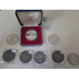 Five Victorian silver crowns 1891, 1893, two 1889 and 1890 an 1884 silver American dollar, a
