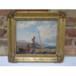 An 18th/19th century oil on oak panel coastal scene with figures and boat to the foreground in a