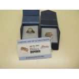 A GTV 9ct white gold zircon 3 stone ring with certificate and another 9ct ring, both size N, total
