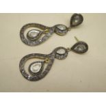 A pair of rough diamond gilt and white metal earrings - Length 6cm - missing one butterfly back