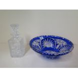 A cut glass Bohemian blue glass bowl - Diameter 29cm and a cut glass decanter - Height 23cm - both