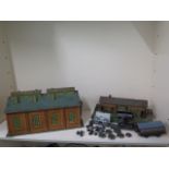 A Hornby O Gauge three rail tinplate double loco shed - length 50cm x 25cm x 23cm - missing two