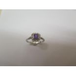 A 14ct white gold amethyst and diamond ring, hallmarked, size N/O, head approx 9mm x 8mm, in good