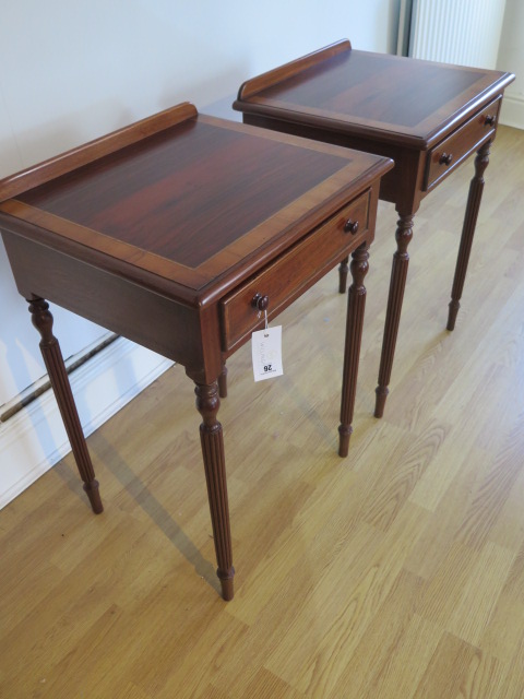 A pair of crossband lamp tables with a single drawer on turned reeded legs made by a local craftsman - Image 3 of 3