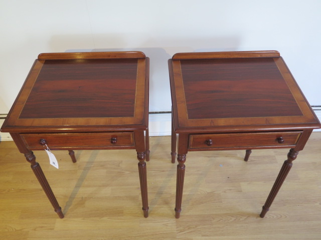 A pair of crossband lamp tables with a single drawer on turned reeded legs made by a local craftsman - Image 2 of 3